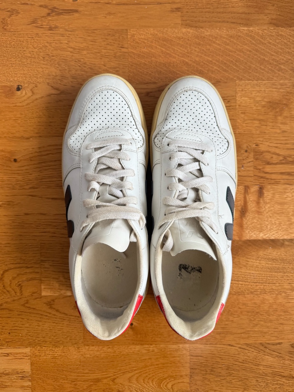 Veja Classic White Leather Sneakers with Blue and Red Logo Detail